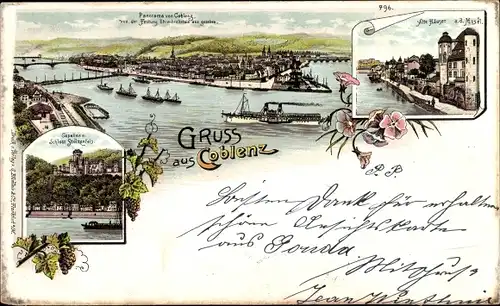 Litho Koblenz am Rhein, Panorama, Deutsches Eck, Schloss Stolzenfels, alte Häuser an der Mosel