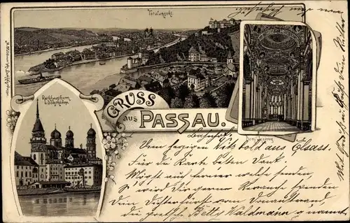 Litho Passau in Niederbayern, Gesamtansicht, Dom Innenansicht, Rathausturm