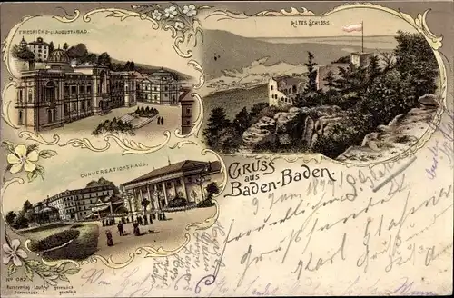 Litho Baden Baden, Altes Schloss, Conversationshaus, Friedrichsbad, Augustabad
