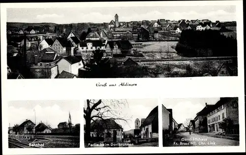 Ak Aldingen in Württemberg, Gesamtansicht, Bahnhof, Dorfbrunnen, Geschäftshaus Fritz Brass