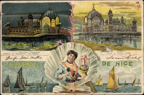 Litho Nice Nizza Alpes Maritimes, Ausstellung, Gebäude und Segelboote bei Nachtbeleuchtung, Tracht