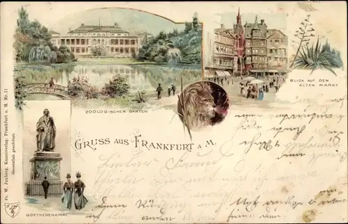 Litho Frankfurt am Main, Zoologischer Garten, Alter Markt, Goethedenkmal