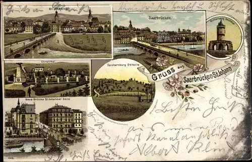 Litho St. Johann Saarbrücken im Saarland, Ehrental, Spichernberg, Neue Brücke, Winterberg Denkmal