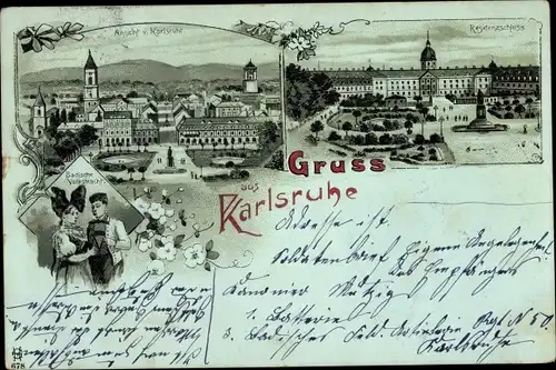 Mondschein Litho Karlsruhe in Baden, Residenzschloss, Panorama, Badische Volkstracht