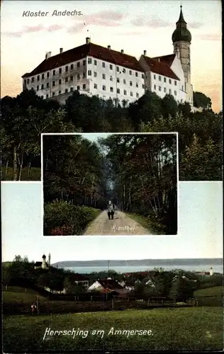 Ak Herrsching am Ammersee in Oberbayern, Panorama, Kloster Andechs, Kiental