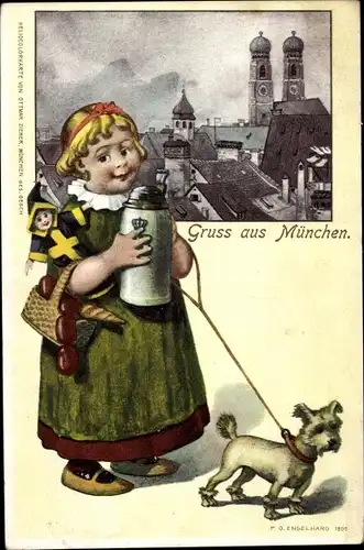 Passepartout Ak München Bayern, Frauenkirche, Kindl mit Bierkrug, Terrier