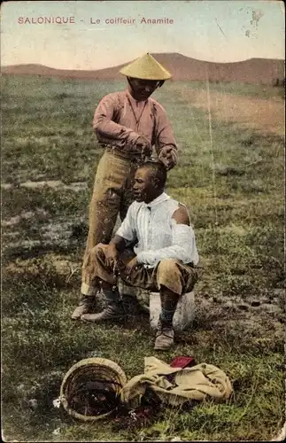 Ak Saloniki Thessaloniki Griechenland, Französische Kolonialkrieger aus Vietnam, Friseur