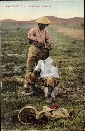 Ak Saloniki Thessaloniki Griechenland, Französische Kolonialkrieger aus Vietnam, Friseur