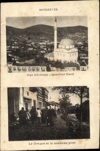 Ak Bitola Monastir Mazedonien, Gesamtansicht, Nordbezirk, Moschee, Dregor, neue Brücke