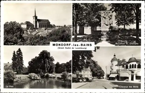 Ak Mondorf les Bains Bad Mondorf Luxemburg, Die Kirche, Denkmal St. Christoph, Der Park