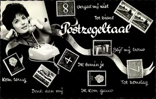 Briefmarken Ak Briefmarkensprache, Frauenportrait, Telefon, Niederlande