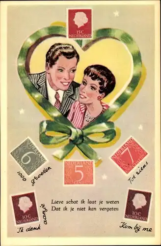 Briefmarken Ak Briefmarkensprache, Liebespaar, Niederlande