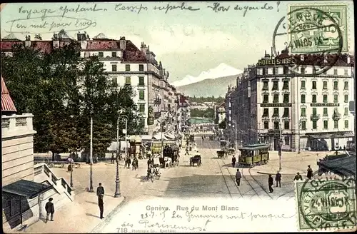 Ak Genève Genf Stadt, Rue du Mont Blanc, Straßenbahn, Hotel Suisse