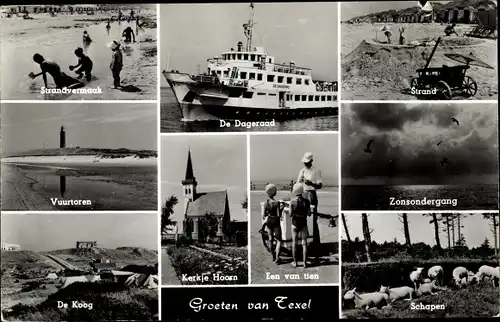 Ak Texel Nordholland Niederlande, Strandpartie, Schafherde, Sonnenuntergang, Fähre, Kirche