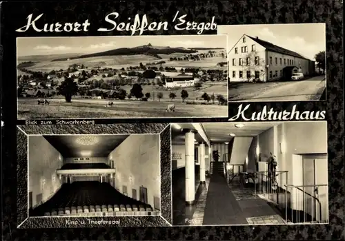 Ak Seiffen im Erzgebirge, Panorama mit Schwartenberg, Kulturhaus, Kino, Theatersaal