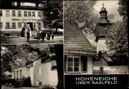 Ak Hoheneiche Saalfelder Höhe Saalfeld an der Saale, Gasthaus z. Roten Hirsch im Grünen Wald, Kirche