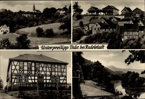 Ak Unterpreilipp Rudolstadt in Thüringen, Teilansicht, Fachwerkhäuser, Gasthaus Saaleblick