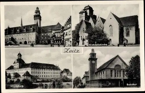 Ak Zeitz im Burgenlandkreis, Rathaus, Michaeliskirche, Moritzburg, Bahnhof