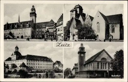 Ak Zeitz im Burgenlandkreis, Rathaus, Michaeliskirche, Moritzburg, Bahnhof