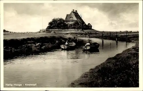 Ak Hallig Hooge in Nordfriesland, Kirchwarf, Ruderpartie