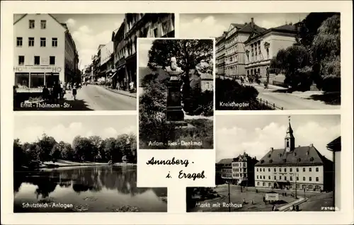 Ak Annaberg Buchholz im Erzgebirge, Schutzteich, Kreistheater, Markt, Rathaus, Adam Ries Denkmal