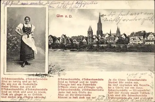 Ak Ulm an der Donau, Schwäbin in Tracht, Stadtpanorama, Kirche, Gedicht