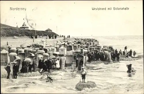 Ak Nordseebad Norderney Ostfriesland, Weststrand mit Victoriahalle