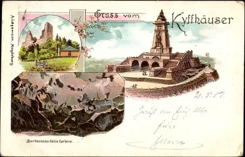 Litho Kyffhäuserland Thüringen, Barbarossa Höhle, Gerberei, Kyffhäuserdenkmal, Ruine