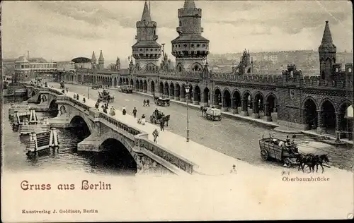 Ak Berlin Friedrichshain, Oberbaumbrücke, Hochbahn, Spree, Kutschen