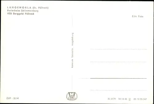Ak Langenorla in Thüringen, Ferienheim Schimmersburg, VEB Berggold Pößneck