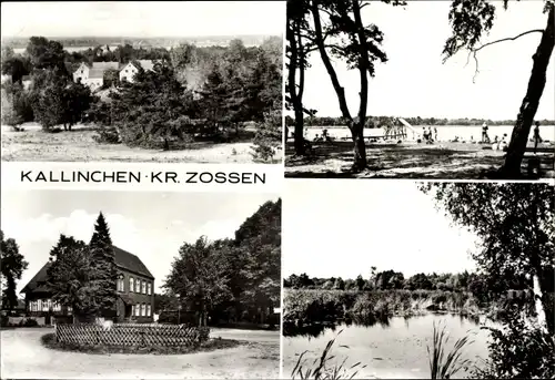 Ak Kallinchen Zossen im Kreis Teltow Fläming, Ort im Wald Vogelschau, Strandbad, Kreisverkehr, See