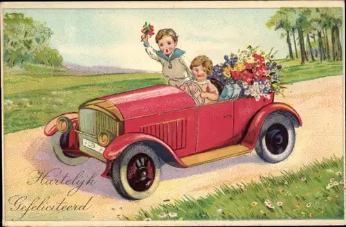 Ak Glückwunsch Geburtstag, Paar mit Blumen in einem Automobil