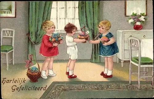 Ak Glückwunsch Geburtstag, Gratulanten mit Blumen