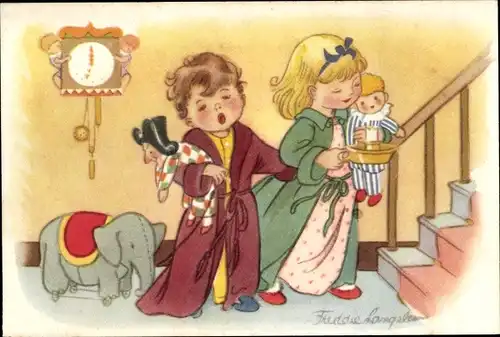 Künstler Ak Langeler, Freddy, Mädchen bringt Junge zu Bett, Puppen, Plüschelefant