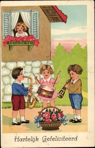 Ak Glückwunsch Geburtstag, Musizierende Kinder, Blumenkorb
