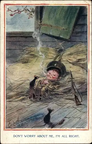 Künstler Ak Britischer Soldat liegt rauchend im Stroh, Mäuse
