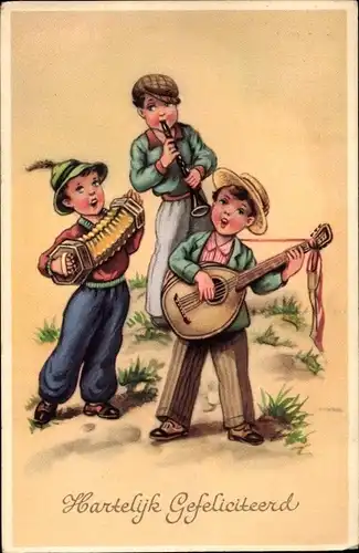 Ak Glückwunsch Geburtstag, Jungen mit Musikinstrumenten