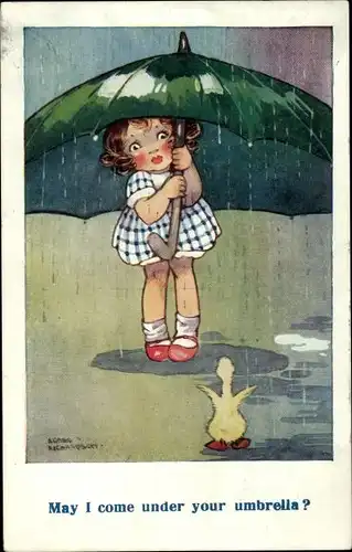 Künstler Ak Richardson, Agnes, Mädchen und Entenküken im Regen, Regenschirm