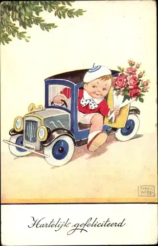 Künstler Ak Wills, John, Glückwunsch Geburtstag, Junge mit Blumenstrauß, Auto