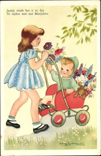 Künstler Ak Schermele, Willa, Mädchen mit Kinderwagen, Blumen