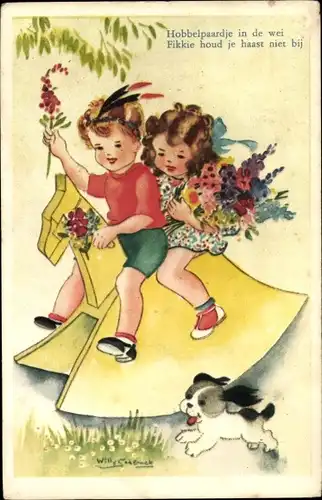 Künstler Ak Schermele, Willy, Junge und Mädchen auf einem Schaukelpferd, Hund, Blumen