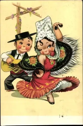 Ak Flamenco Tänzerin und Gitarrist in spanischen Trachten