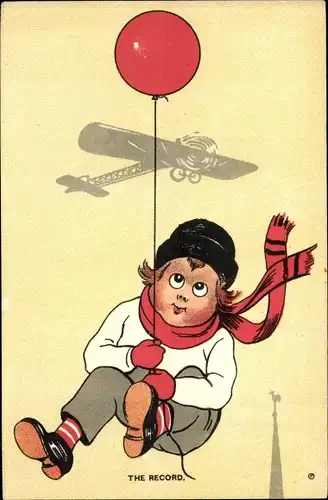 Ak Junge fliegt mit einem roten Luftballon, Flugzeug