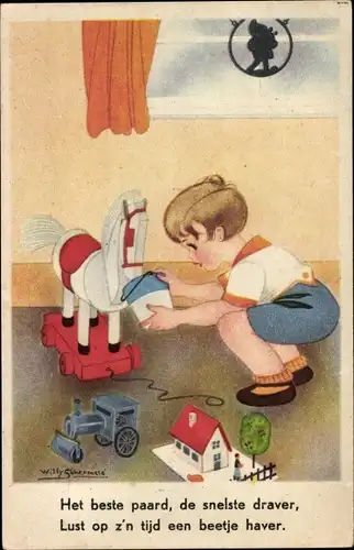 Künstler Ak Schermele, Willy, Junge füttert ein Spielzeugpferd