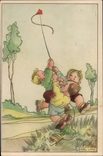 Künstler Ak Links, Karel L., Kinder lassen einen Drachen steigen