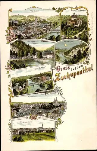 Litho Mittweida in Sachsen, Zschopautal, Frankenberg, Neudörfchen, Lauenhainer Mühle, Waldheim