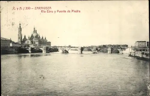 Ak Zaragoza Saragossa Aragonien, Rio Ebro y Puente de Piedra