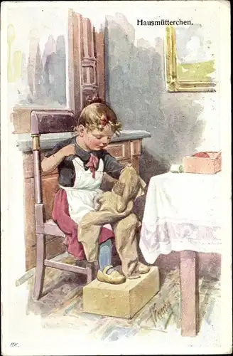 Künstler Ak Feiertag, Karl, Nähendes Mädchen, La petite racommodeuse, BKWI 741 4