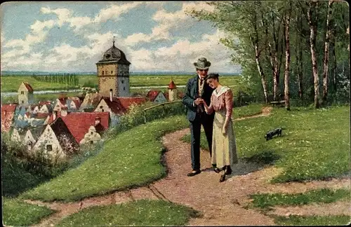 Künstler Ak Bergen, F., Die linden Lüfte sind erwacht, Liebespaar, Dackel