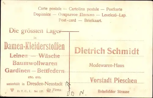 Ak Dresden Neustadt, Reklame, Modewarenhaus Dietrich Schmidt, Pieschen, Rehefelder Straße